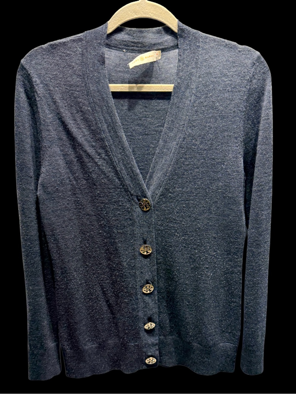 Tory Burch Heathered Gray V-Neck Logo Button Cardigan Medium